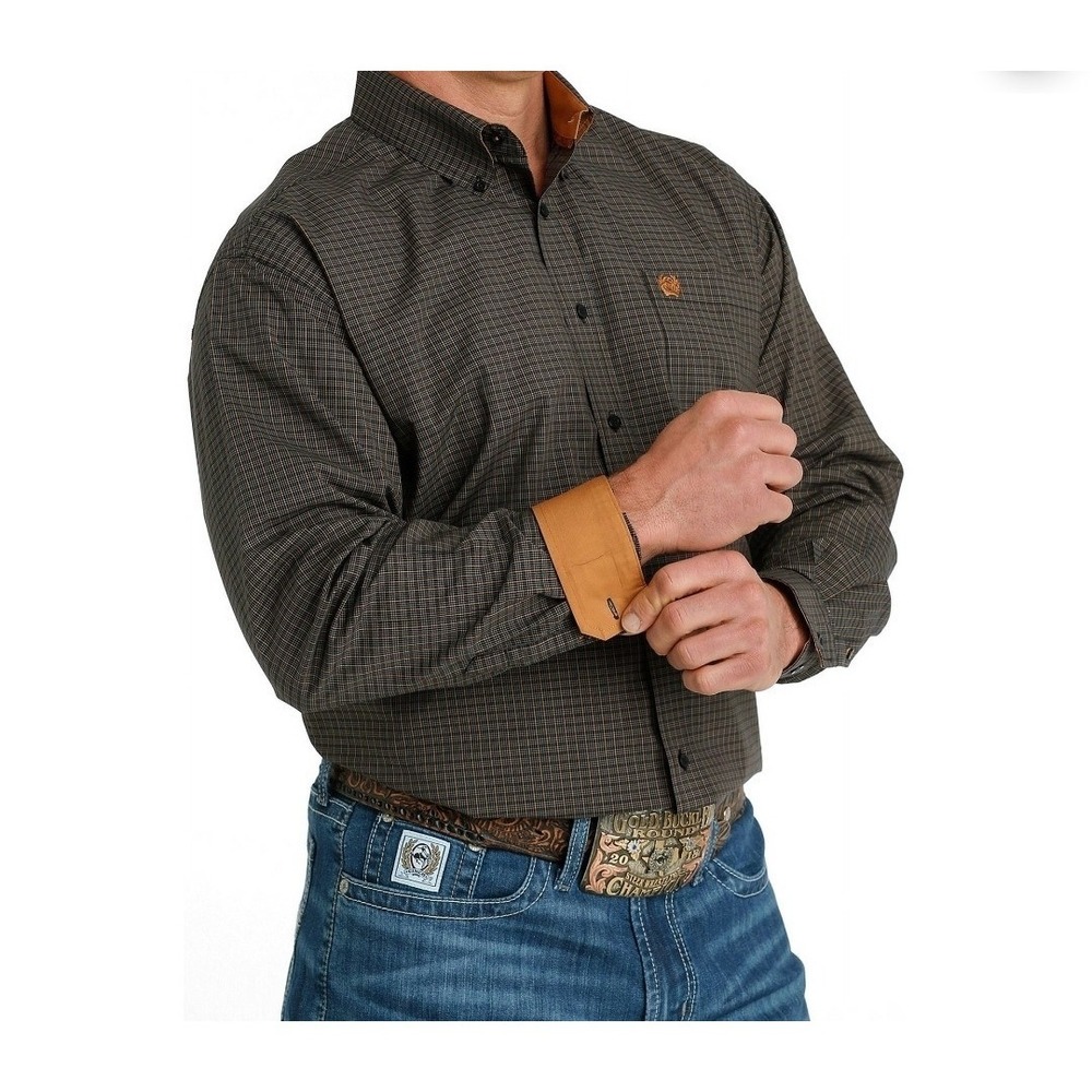 Cinch Button Down Shirt Mens Size Large Black and Gold Plaid Long Sleeve